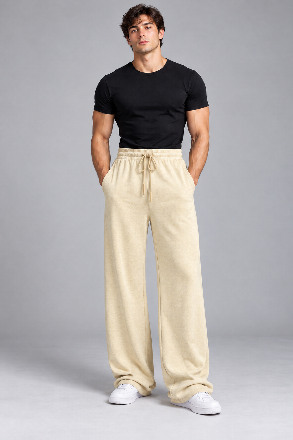 Beige Wide Leg Joggers in Beige