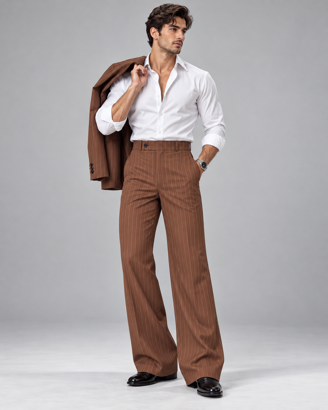 Brown Pinstripe Flared Pants in Brown