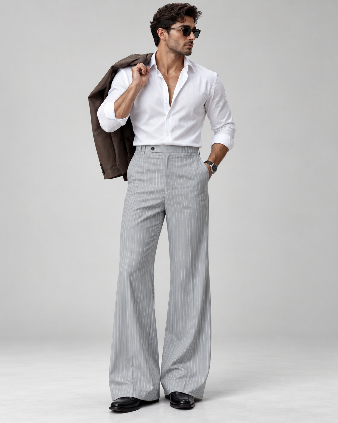 Grey Pinstripe Flared Pants in Grey