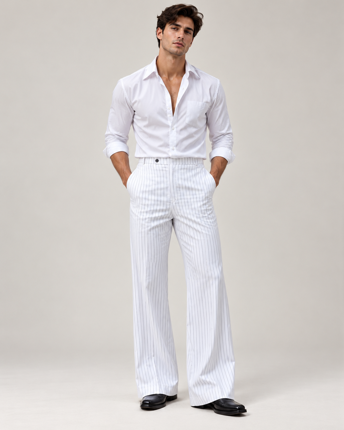 White Pinstripe Flared Pants in White